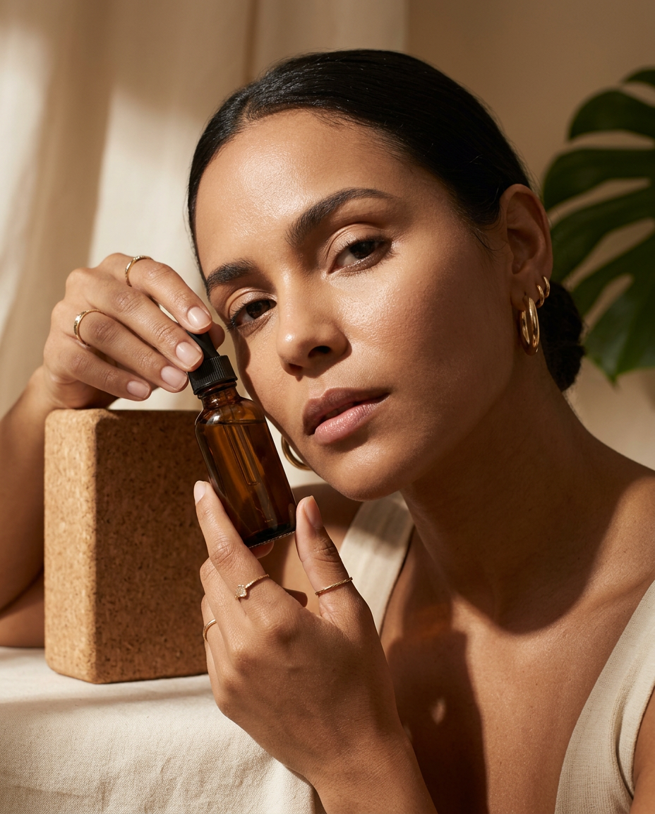 Mulher com produto skincare Roccos